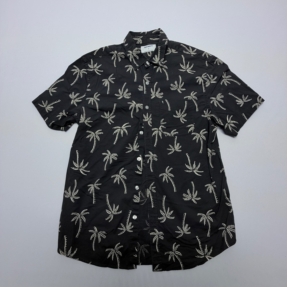 Old Navy Mens Medium Black Palm Tree Print Short Sleeve Button Down Shirt